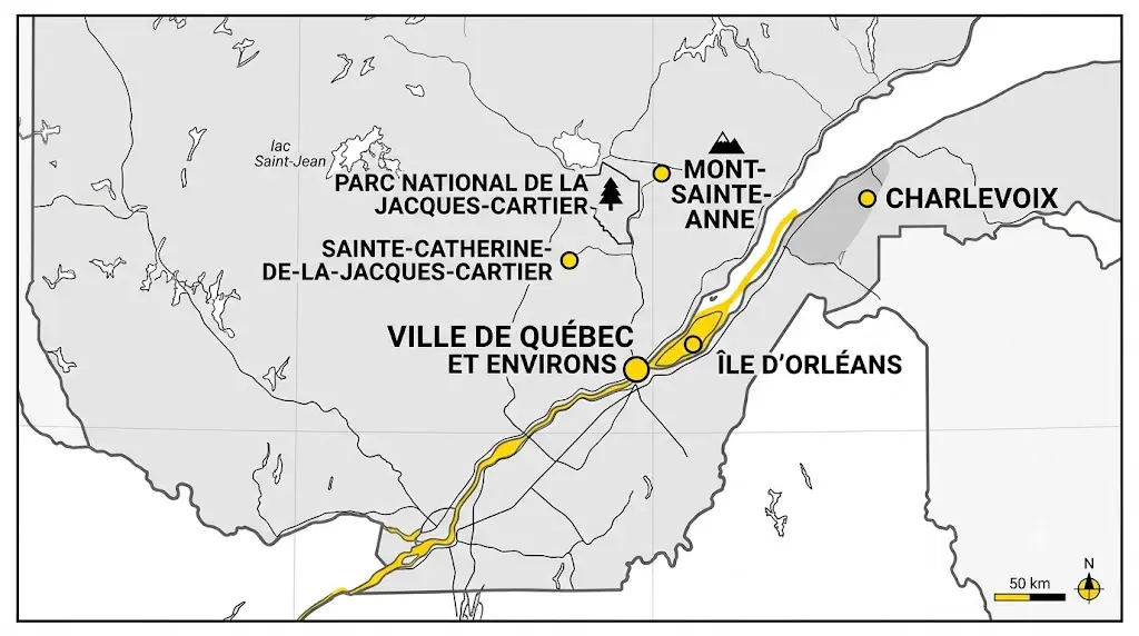 Carte des zones desservies par Service Mécanique MG : ville de Québec et environs, Sainte-Catherine-de-la-Jacques-Cartier, Île d'Orléans, Mont-Sainte-Anne, Charlevoix et le parc national de la Jacques-Cartier